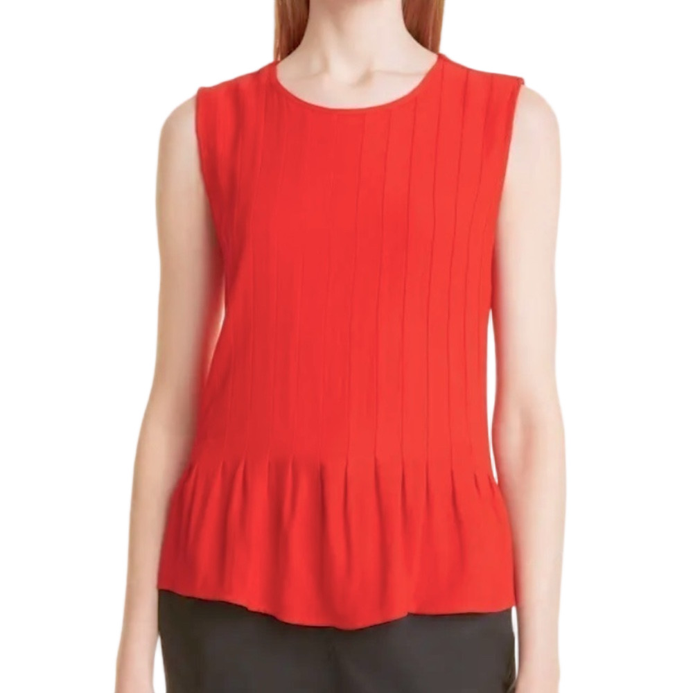 DONNA Karan New York Fire Red Pintuck Peplum Knit Sleeveless Top - Size L, NWT